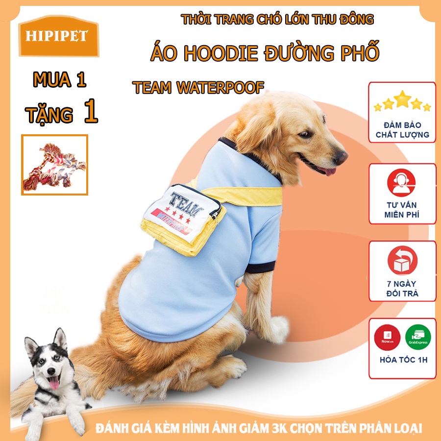 Áo hoodie cho chó lớn Hipipett áo thu đông TEAM WATER POOF có tay vải len lót lông cừu cao cấp