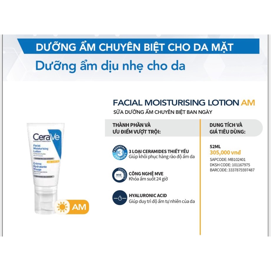 Sữa Dưỡng Ẩm Cerave Facial Moisturising Lotion 52ml - Ngăn ngừa lão hóa, bảo vệ làn da mịn màng ẩm mượt