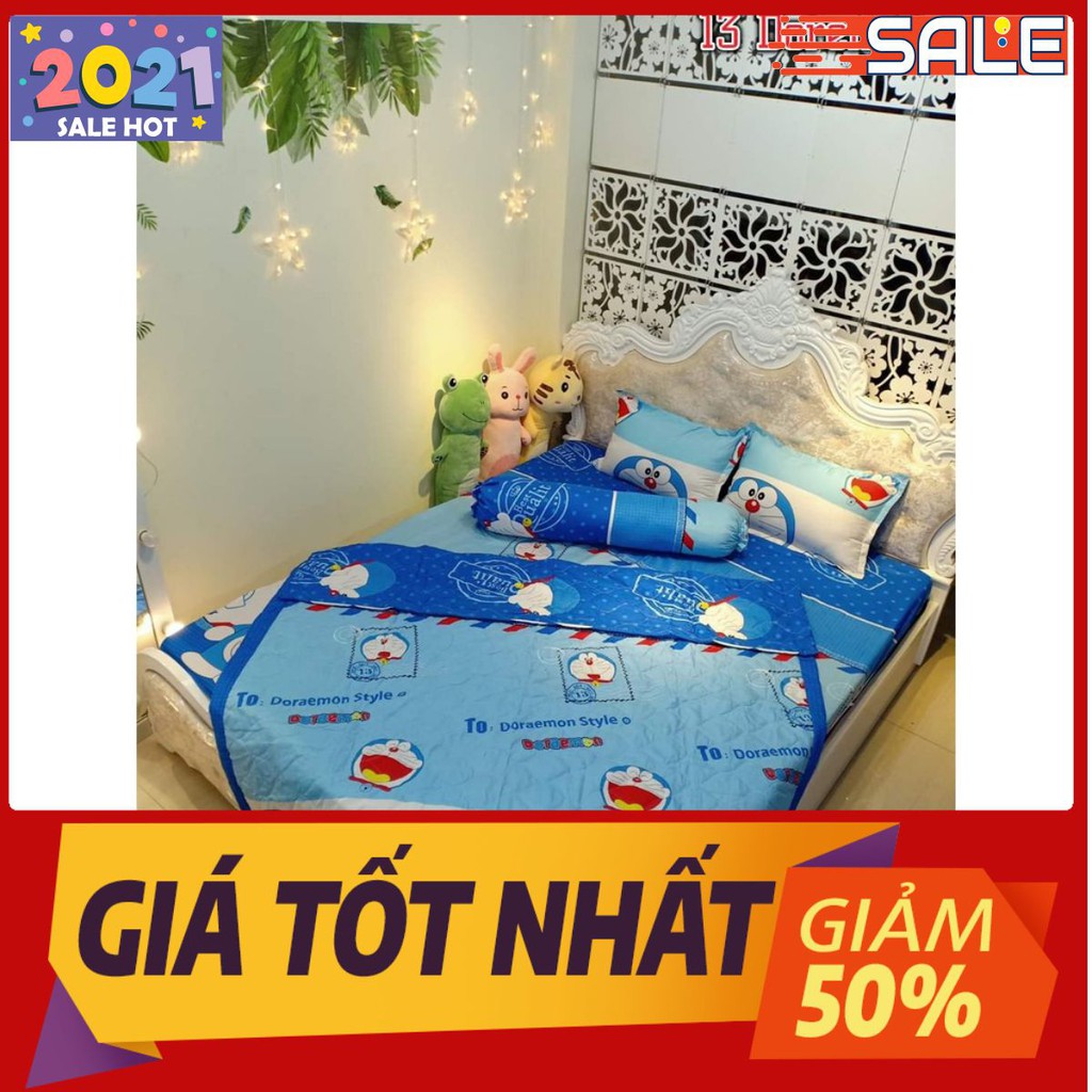 Bộ chăn hè ga gối 1m2 poly cotton doremon 4 món