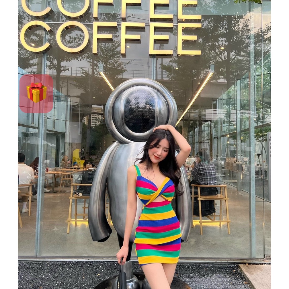 Đầm 2 dây sọc to ôm body xoắn ngực có mút cực hot , chất thun gân mềm mịn
