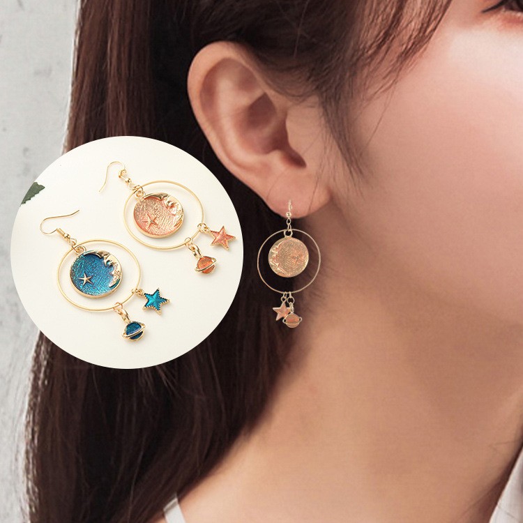 Cô gái Dreamlike Dangle dài Star &amp; Moon Earrings