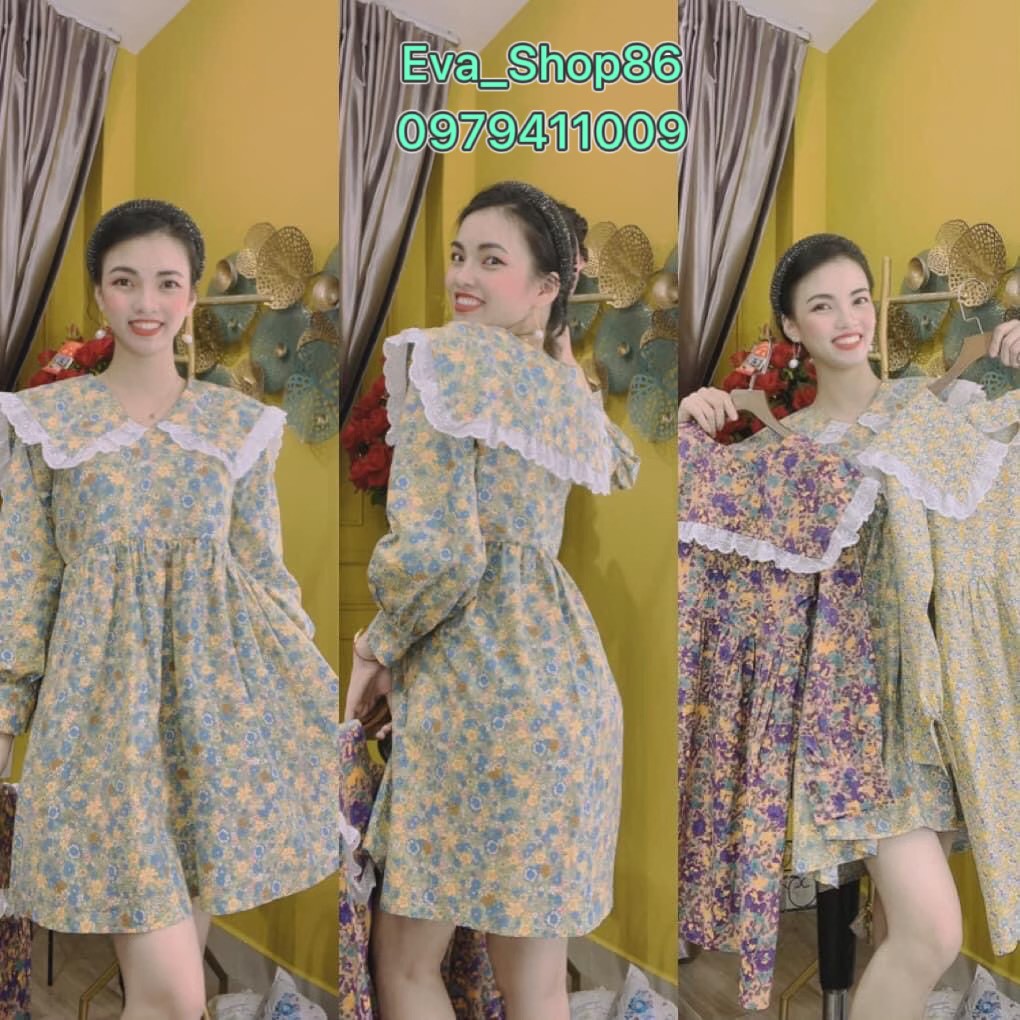 Váy Hoa Nhí Babydoll Dáng Xoè, Đầm Dáng Xoè Cổ Bèo ,Tay Dài Siêu Xinh, Vải Kate Mát Mịn, Có Ảnh Thật Shop Tự Chụp