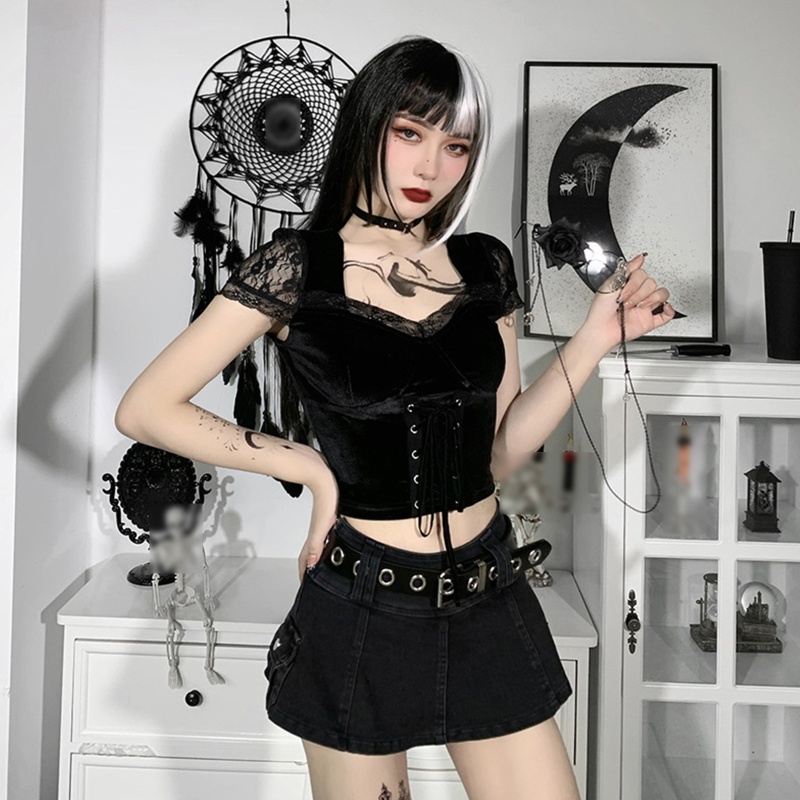 Áo Croptop Nhung Tay Ngắn Cổ Vuông Cột Dây Phong Cách Gothic Harajuku Vintage Gợi Cảm Cho Nữ