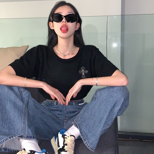 Áo thun ZHELIHANGFEI dáng ngắn tay ngắn phong cách vintage