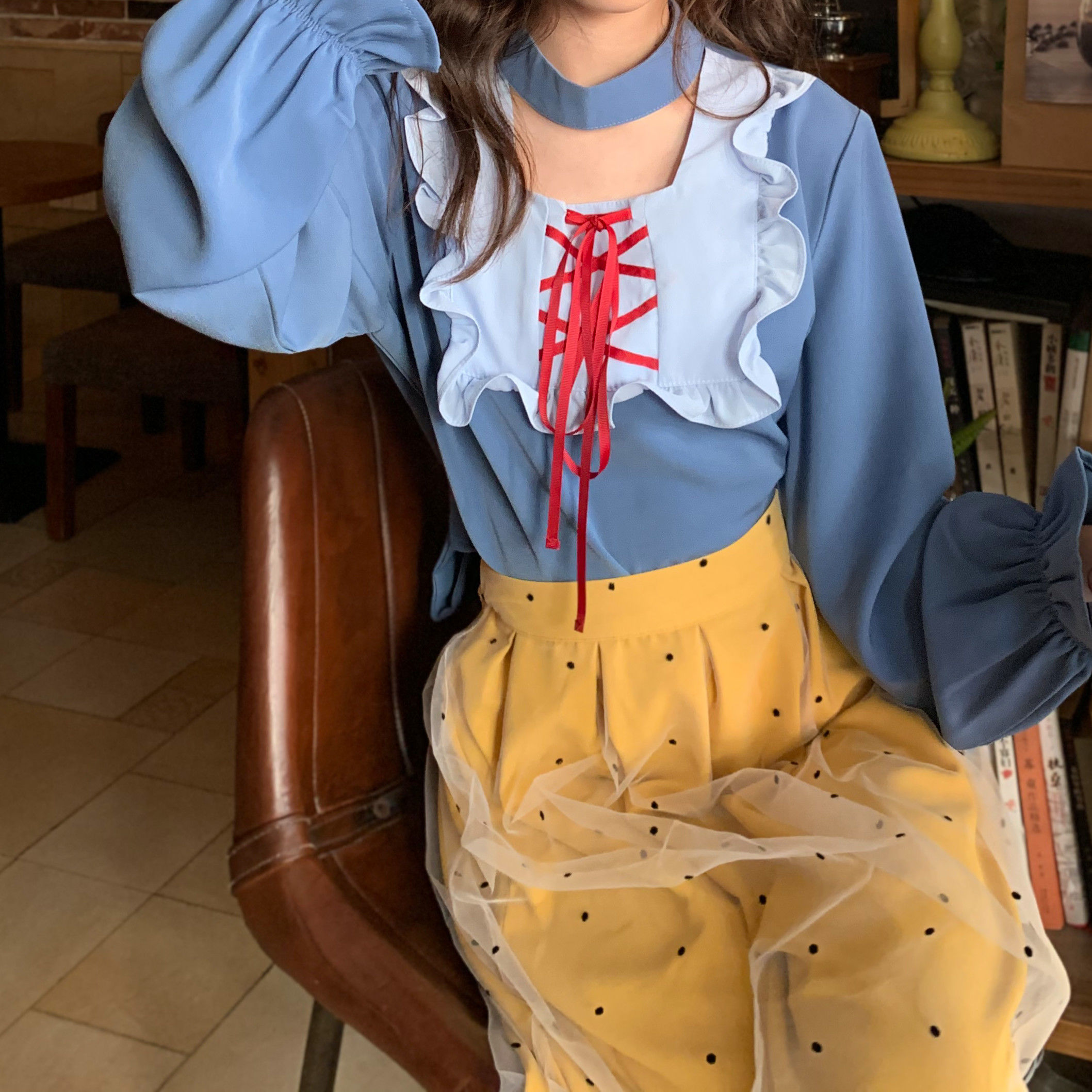 Autumn Suit for Female Students Korean Version Loose Back to Work Lace Up Lantern Sleeve Shirt + Gauze Skirt