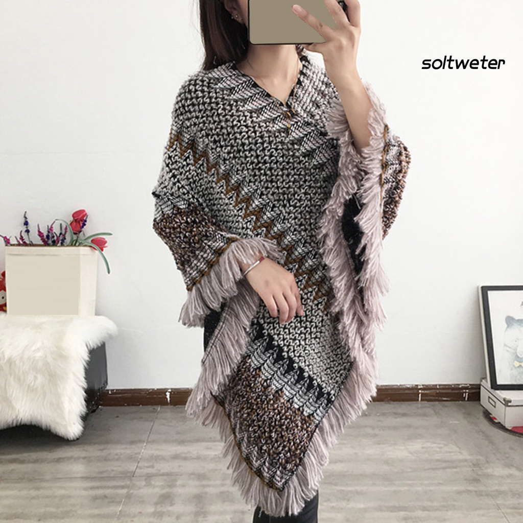 Áo choàng dệt kim cổ chữ V phối tua rua nhiều màu thời trang thu đông cho nữ