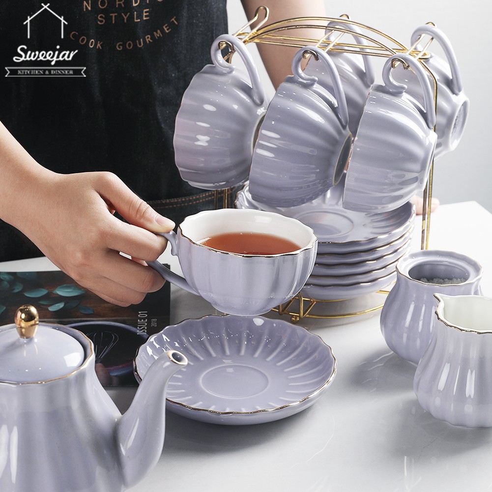 Bộ Ấm Tách SWEEJAR Sứ Gồm 6 Thìa Và Dĩa Kèm Ấm Trà Bát Đựng Đường Bình Đựng Kem Phong Cách Anh Quốc 8 OZ