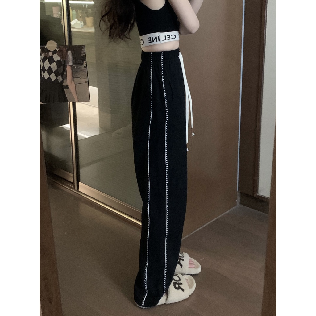 Quần Dài Thể Thao Lưng Cao Ống Đứng Màu Đen Phối Dây Rút Phong Cách Hàn Quốc Thời Trang Cho Nữ