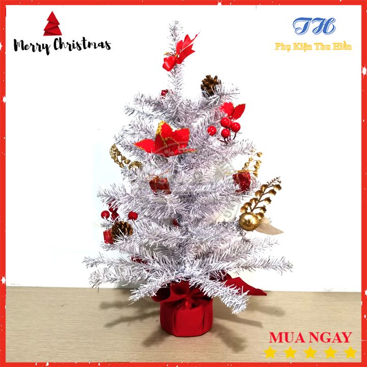 Cây thông noel mini để bàn 51cm màu trắng bạc đế nhựa bọc vải đỏ trang trí giáng sinh cho phòng khách, phòng ngủ