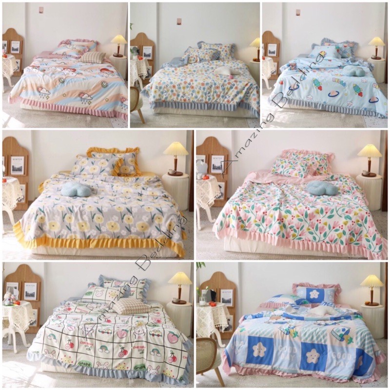 Sét hè cotton đũi chăn trần bông phối bèo ngắn cao cấp Hàn Quốc( tặng kèm vỏ ôm cùng bộ m6)