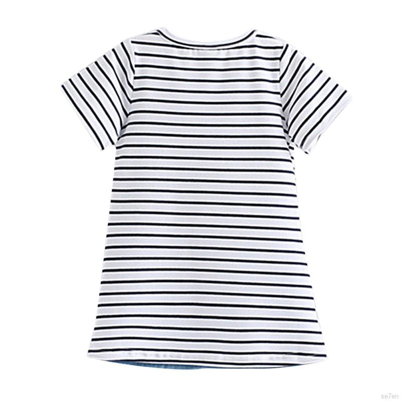 Đầm phối vải denim tay ngắn kẻ sọc họa tiết hoạt hình dành cho bé gái 2-7 tuổi