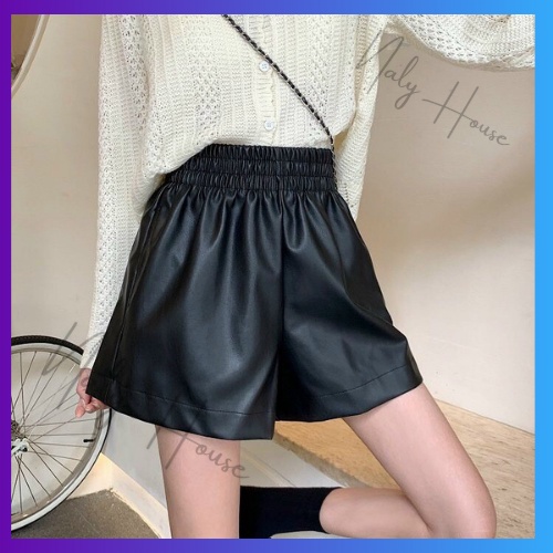 Quần Short Da Màu Đen Phong Cách Cá Tính , Đường Phố