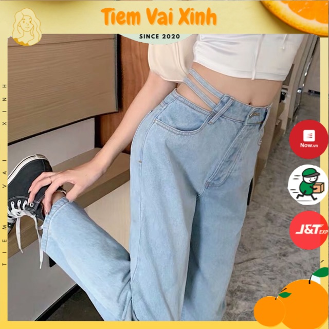 Quần jeans cạp cao điểm nhấn dây eo tôn dáng, hàng quảng châu