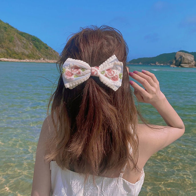 Kẹp Tóc Nơ Thêu Hoa Hồng Ngoại Cỡ Dành Cho Bé Gái 2022