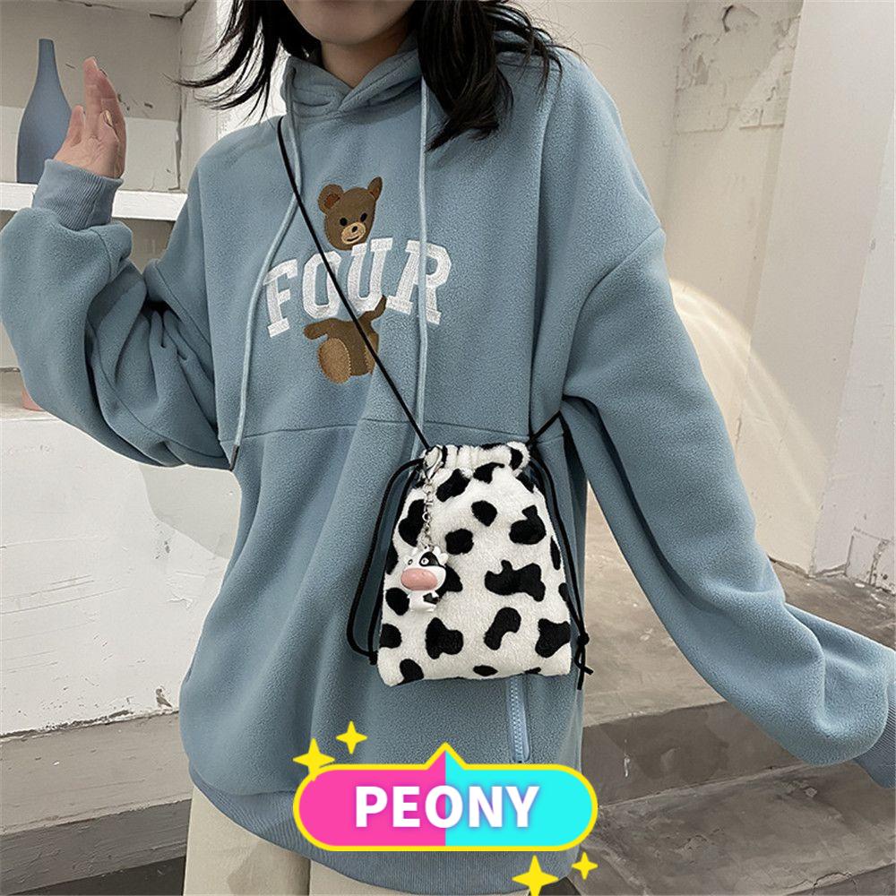 Túi Đeo Chéo Dây Rút Mini Bằng Vải Bông In Họa Tiết Bò Sữa Dễ Thương Thời Trang Mùa Đông Cho Nữ