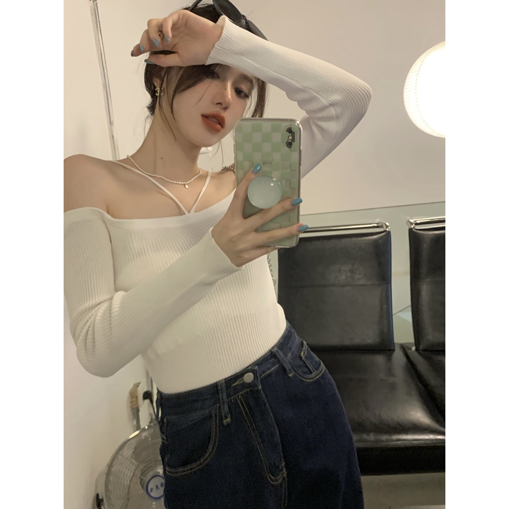 Áo Dệt Kim Nữ Tay Dài Trễ Vai Gợi Cảm Thời Trang