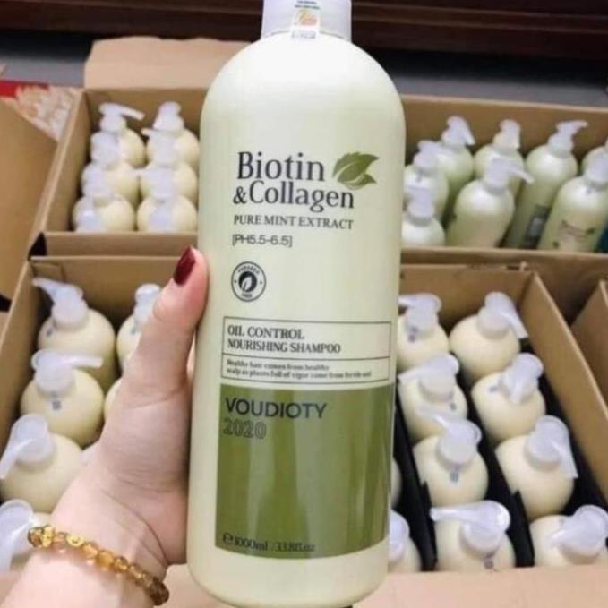 Cặp Dầu Gội Xả Biotin Collagen Xanh Lá  Phục Hồi Kiềm Dầu1000ML Tặng kèm ủ Kar