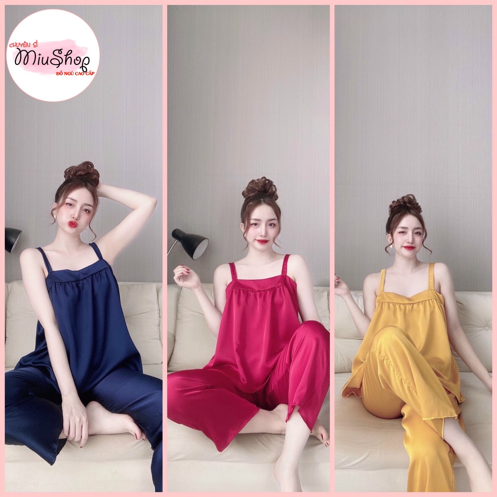 👉👉 Đồ bộ lụa satin 2 dây bảng nẹp ngực quần dài dễ thương mặc nhà 58kg