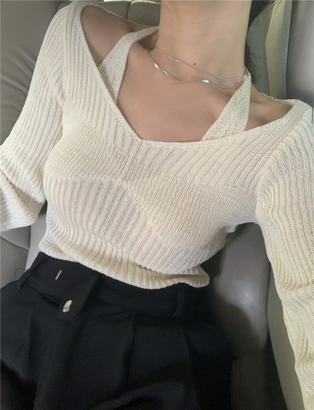 Áo len nữ dài tay cổ tròn hở lưng giả 2 lớp quyến rũ dễ phối đồ | BigBuy360 - bigbuy360.vn