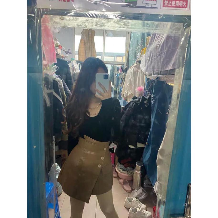 Quần giả Váy Da Vạt chéo 3 cúc chất liệu Da Đẹp có Khóa kéo sau lưng 3 màu Đen, Nâu, Kem