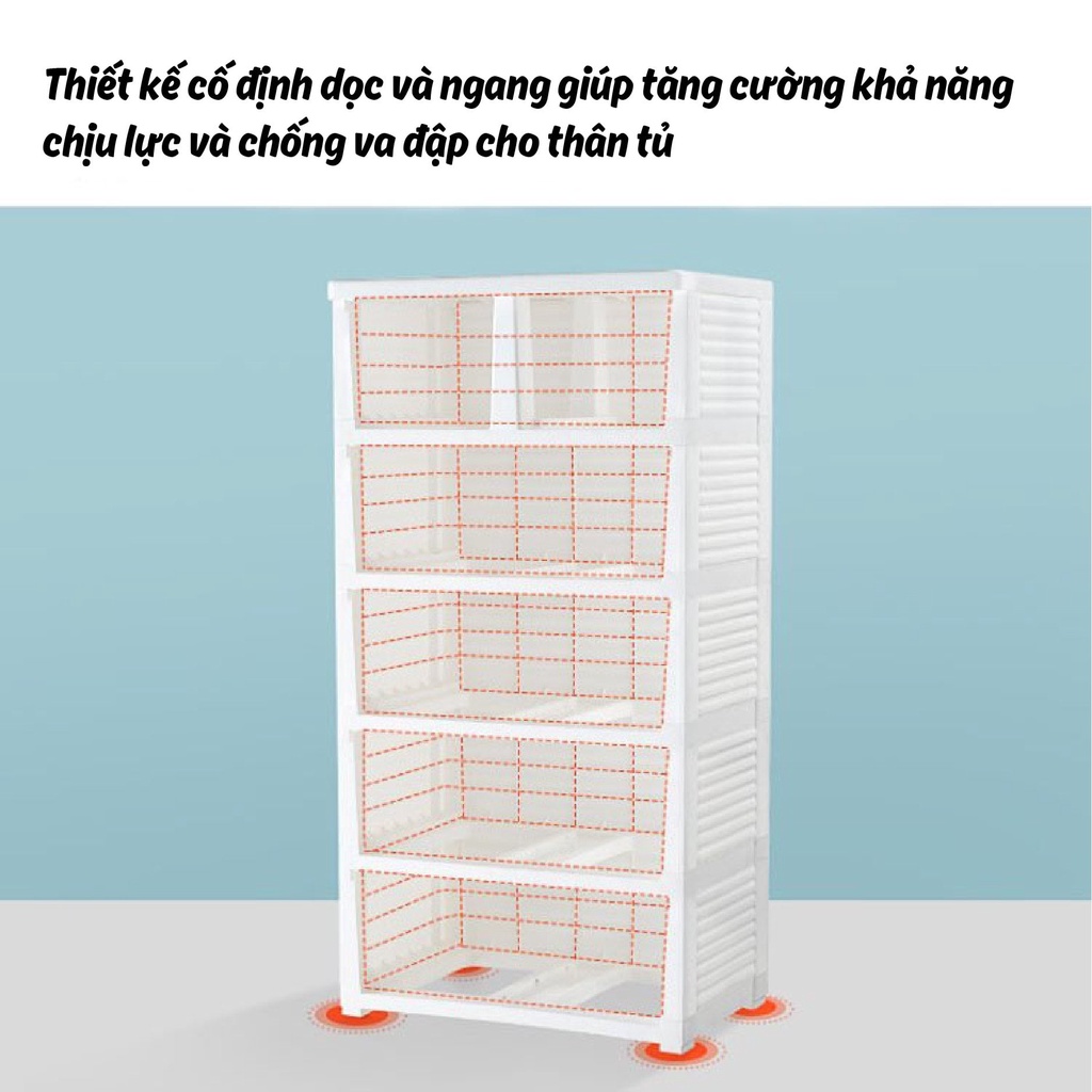 Tủ nhựa 5 tầng ngăn kéo CAYABE Holla đựng quần áo, đồ dùng in hình thế giới động vật cho bé và gia đình (có khóa)