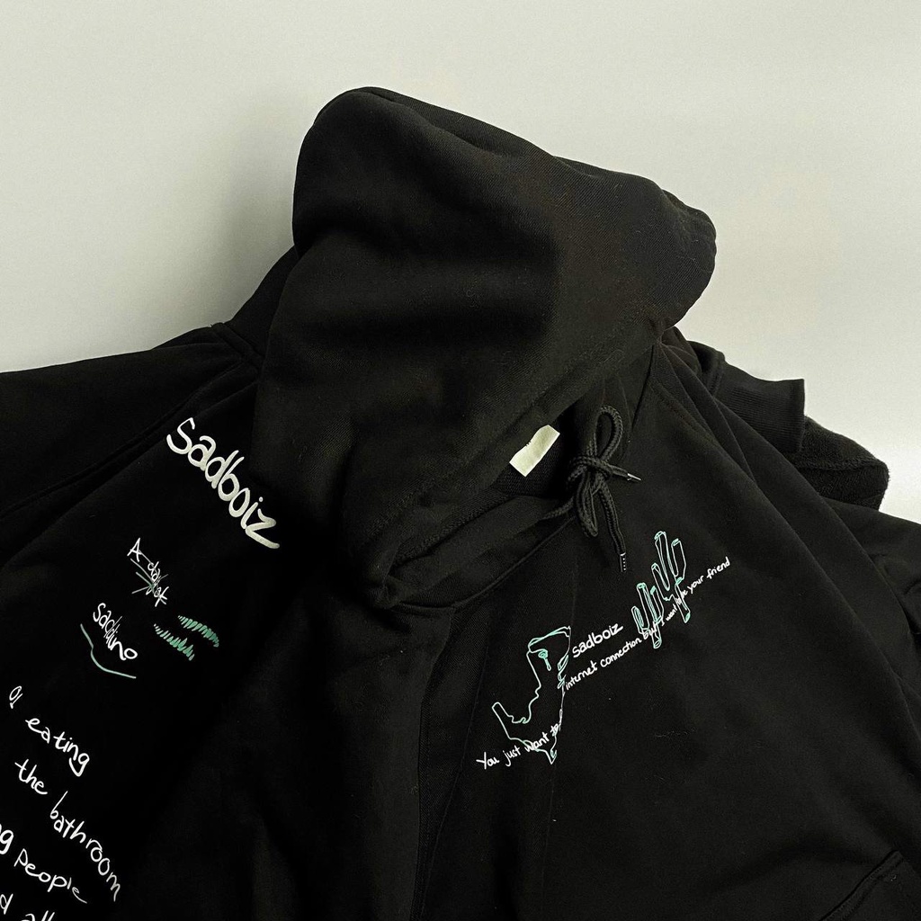 áo hodie tay dài SADBOIZ SADDINO khủng long xanh( mẫu in) uinisex from rộng nam nữ NỈ cotton mũ hai lớp BLACK