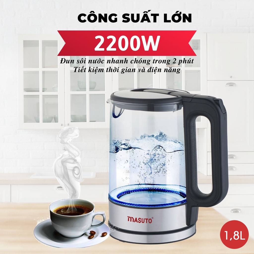 Ấm Bình Đun Nước Siêu Tốc Thủy Tinh Cường Lực , Masuto MS-Citizen18 , dung tích 1,8L , cao cấp , bảo hành 24 tháng