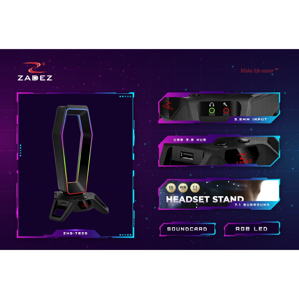 Giá treo Tai Nghe Gaming kiêm Hub USB 3.0 ZADEZ RGB ZEKE ZHS-702G + Soundcard 7.1 Surround Jack 3.5mm | Hàng Chính Hãng
