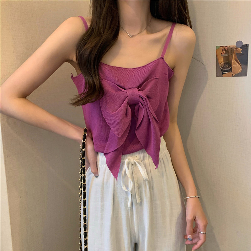 New Slim Multicolor Solid Tank Top Bow Tie Women's Short Suspender Tanks