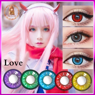 [Có sẵn] kính áp tròng lens Love cosplay 0 độ màu xanh lá xanh dương tím vàng đỏ xám