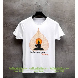 Áo thun Unisex cho Phật tử và Yoga mẫu Lá bồ đề cam tượng phật và Before you pray Believe