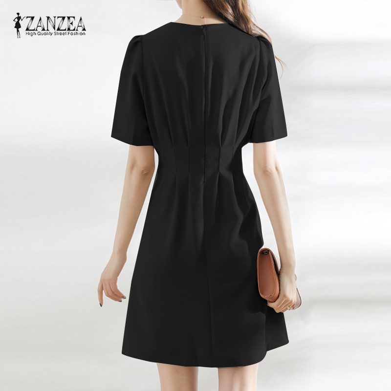 Đầm Zanzea dài ngang gối tay ngắn cổ tròn phong cách Hàn Quốc thanh lịch dành cho nữ