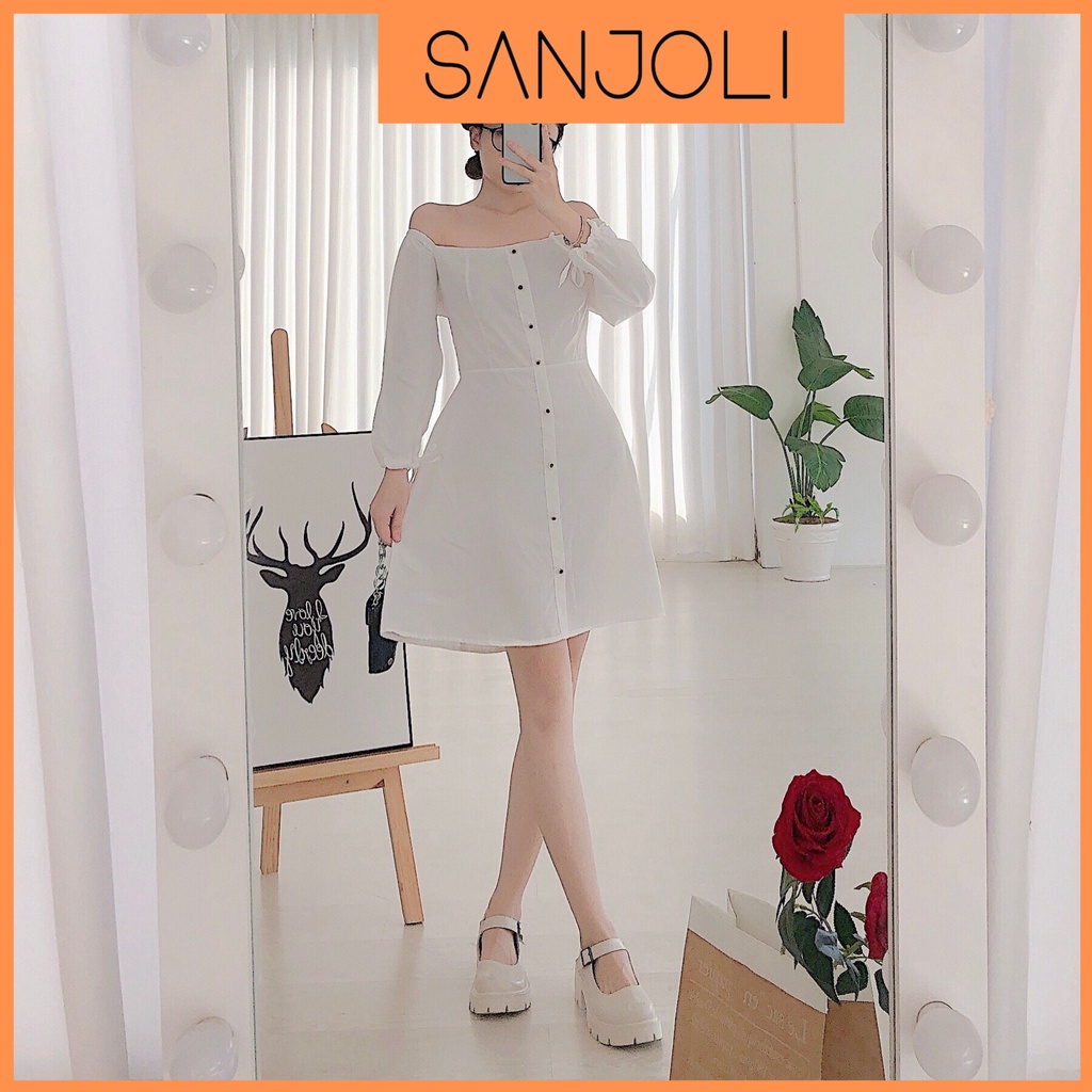 Đầm Trễ Vai Tay Phồng SANJOLI Váy Body Bẹt hở vai trắng đi dự tiệc cưới công sở thiết kế sang chảnh xinh dài tay VD049