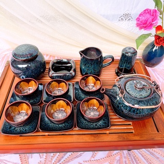Bộ ấm chén uống trà ⚡️ấm trà dẹt cẩm lai xanh⚡️ gốm sứ bát tràng đẹp cao cấp gomngogia hn02