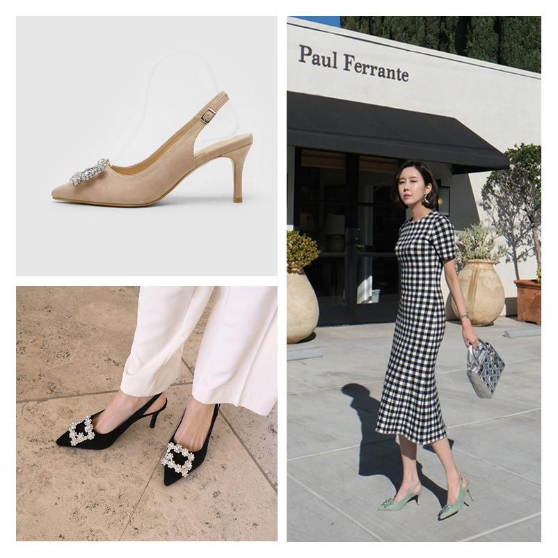 Giày cao gót mũi nhọn hở ngón đính đá thời trang mùa thu phong cách Hàn Quốc dành cho nữ