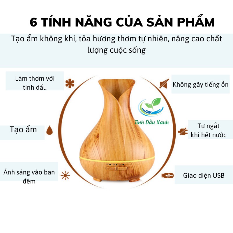 Máy Tinh Dầu TuyLip Tinh Dầu Xanh Phun Sương Khuếch Tán Siêu Âm Vân Gỗ 550ML Tặng Tinh Dầu Thiên Nhiên