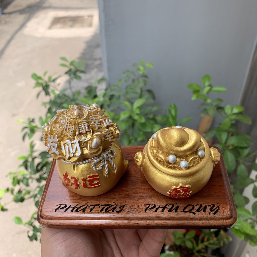2 tượng bao tiền phong thủy chiêu cầu tài lộc kèm đế gỗ - Chiều Cao 7cm