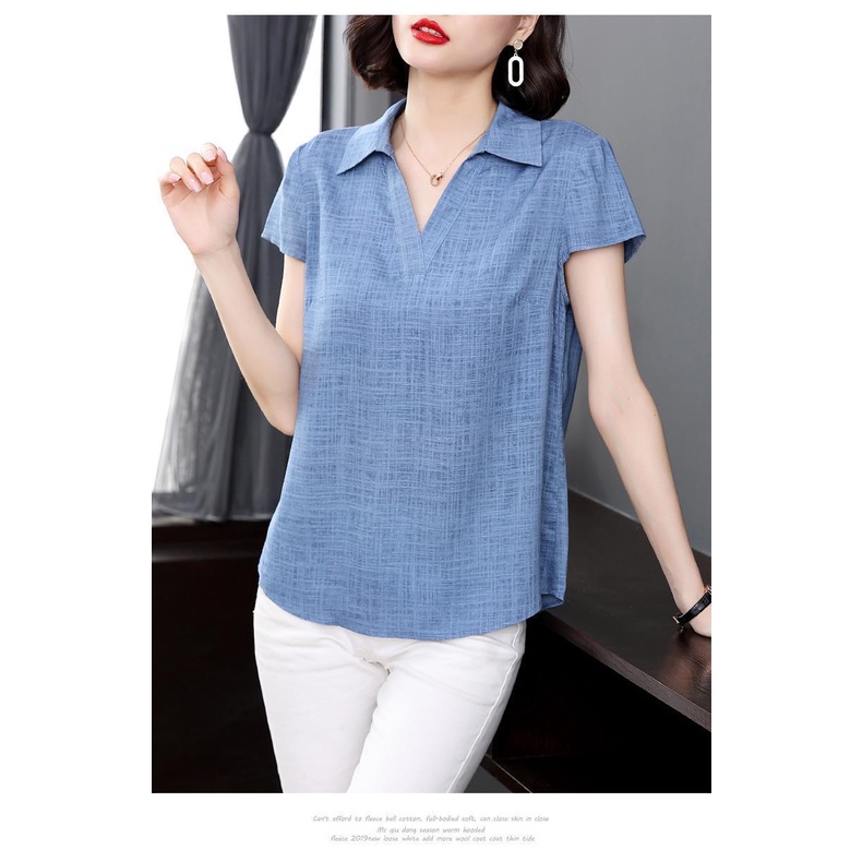 Áo thun cotton lanh ngắn tay thời trang mùa hè cho phụ nữ trung niên