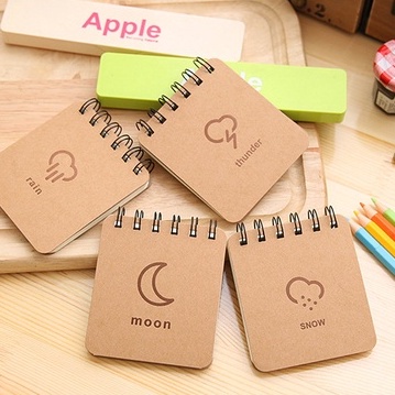 Sổ ghi chép Pennie mini bìa giấy nâu 4 họa tiết thời tiết thunder rain snow moon xinh xắn