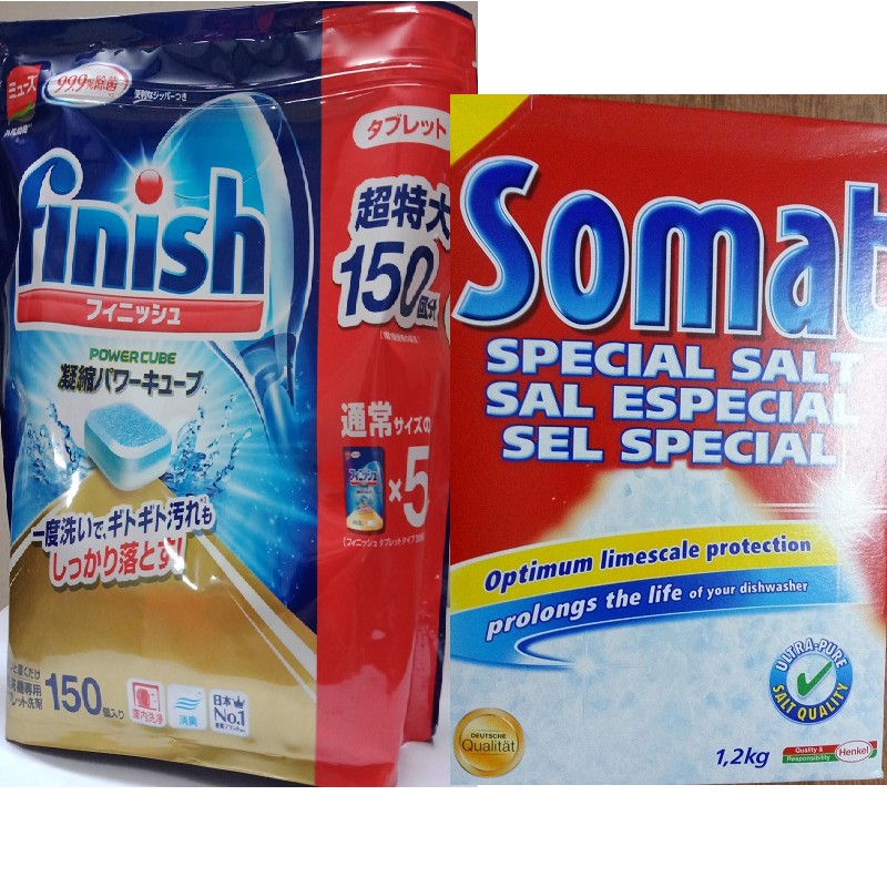 Viên rửa chén Finish 150 viên tặng muối rửa bát Somat 1,2kg và que thử nước cứng