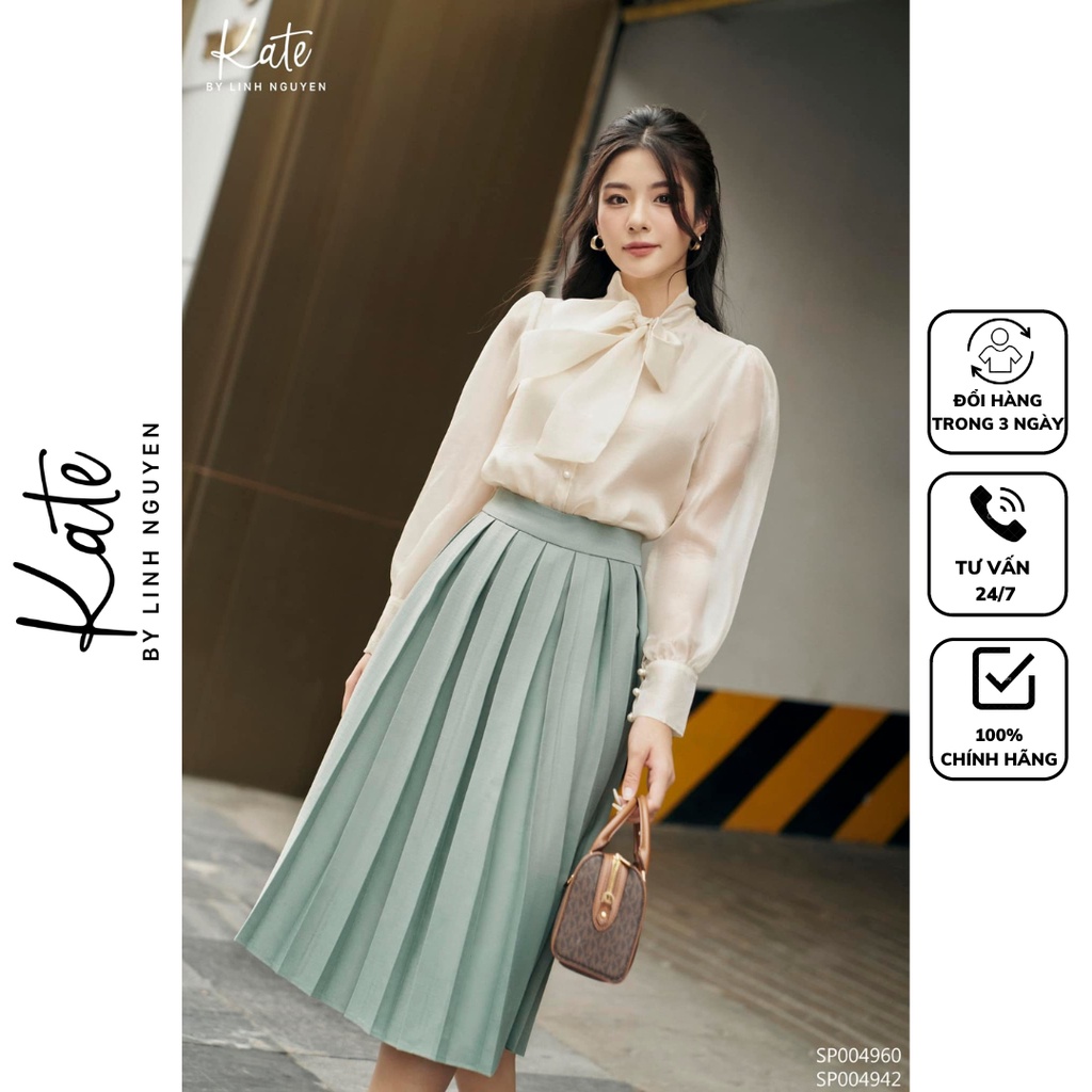 Áo sơ mi nữ công sở dài tay cổ nơ 4960 chân váy dập ly thẳng 4942 thời trang KATE By Linh Nguyen