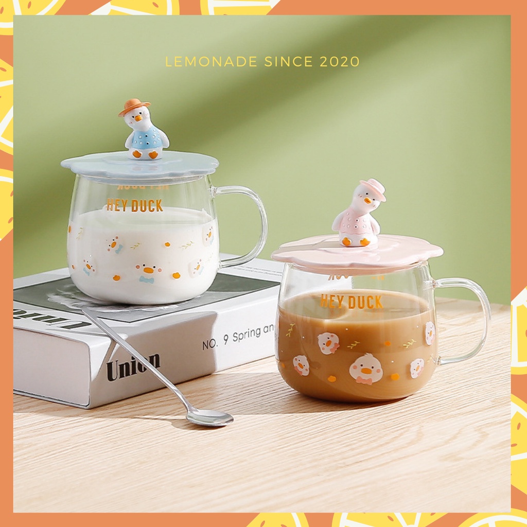 Cốc thủy tinh nắp sứ hình vịt nghiêng Hey Duck dễ thương kèm thìa