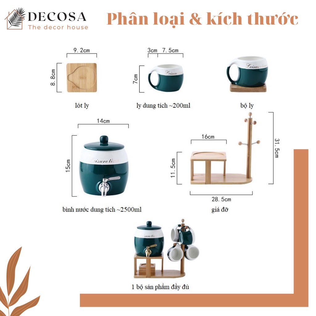 Bộ bình nước sứ cao cấp giữ nhiệt có vòi nắp đậy khung gỗ DECOSA