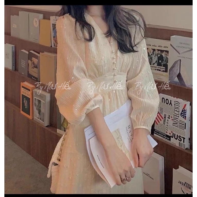 VÁY MIDI CỔ V ĐÍNH NGỌC KIM SA TAY DÀI BO EO (kèm ảnh thật)