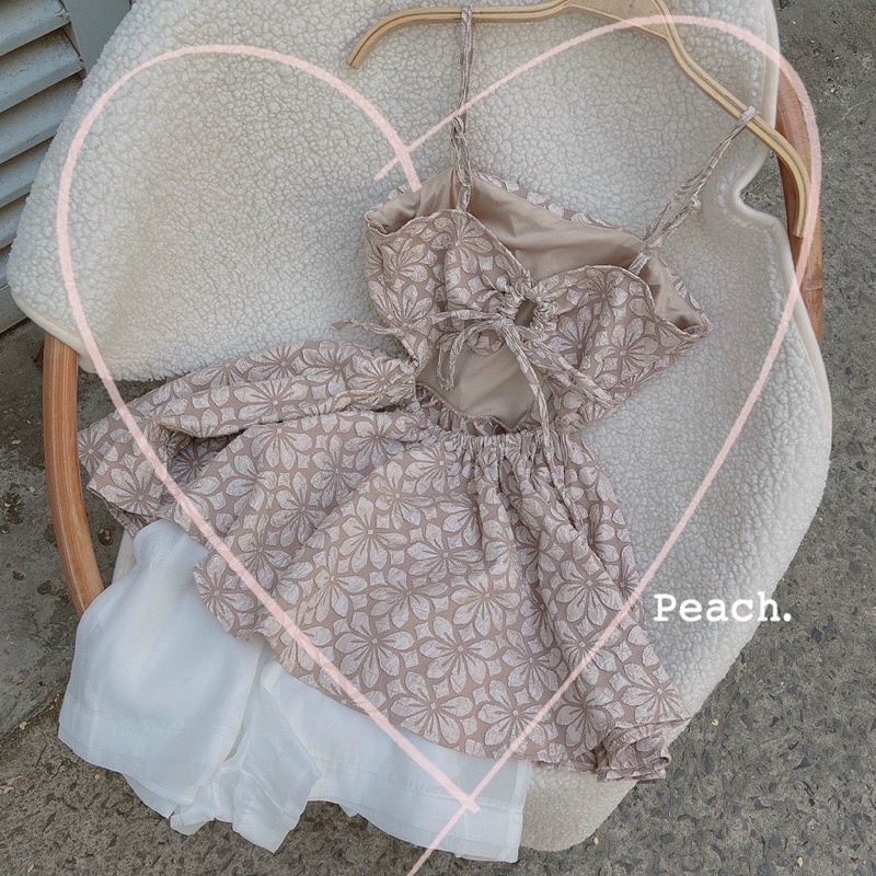 SET ÁO GẤM HOA HAI DÂY XANH BUỘC NƠ LƯNG + SHORT LƯNG THUN BA MÀU