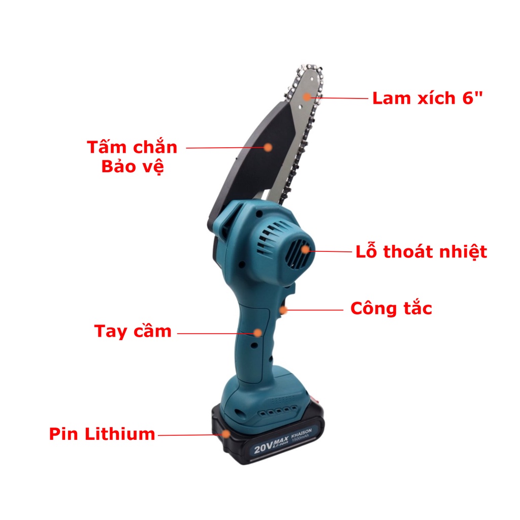 Máy cưa xích cưa gỗ cầm tay 6 inch 20v không chổi than Khaison bộ 2 pin