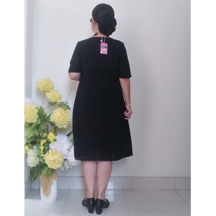 Đủ Size 50 - 90Kg - Váy Đầm Trung Niên Vải Voan Chiffon 2 Lớp Đính Nút Duyên Dáng - Form A Che Bụng