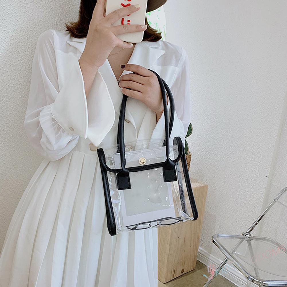 【Big Sale】Fashion Women PU PVC Transparent Shoulder Tote Bag Small Top-handle Handbag