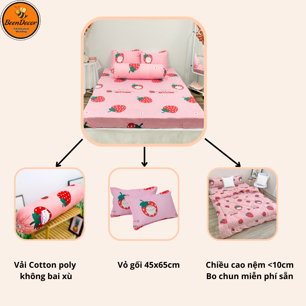 [SIÊU RẺ]  Bộ Ga Gối Poly cotton Mẫu Dâu Nhật Gồm Ga Chun và Vỏ Gối Nằm [Nhắn tin chọn mẫu với shop] !!!