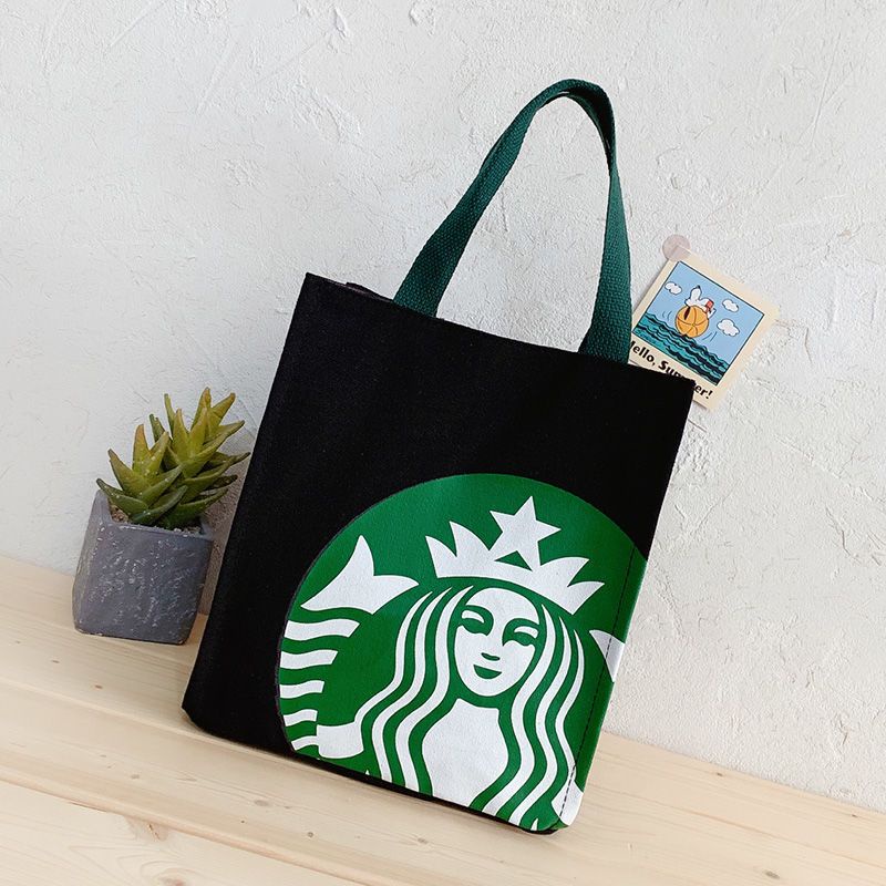 Túi Xách Vải Canvas Đựng Hộp Cơm Trưa In Họa Tiết Starbucks Xinh Xắn Tiện Dụng Cho Nữ